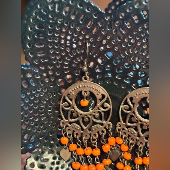 3/$15 - Vintage Bronze Filigree Earrings with Orange Beads - Picture 6 of 7
